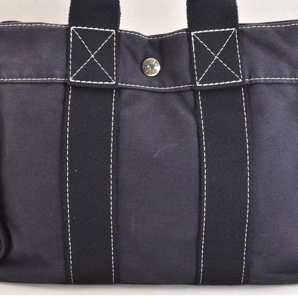 HERMES Vintage Deauville PM Hand Tote Bag Purse Canvas Navy Blue 3221M - Picture 3 of 16